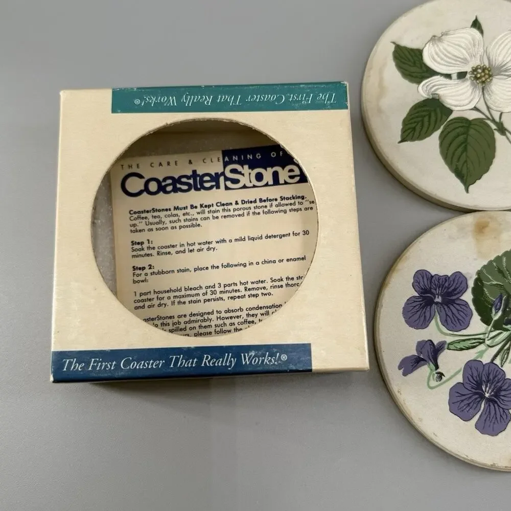 Vintage CoasterStone Floral Sandstone Coaster Set of 4 With Original Box